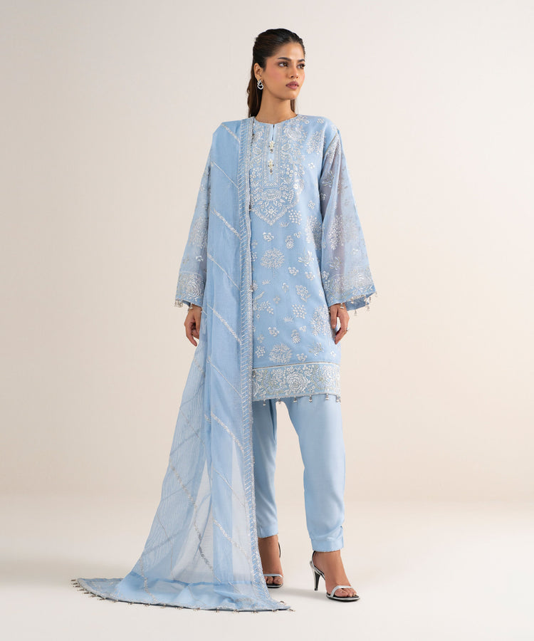 Blue Embroidered Khaddi Net Unstitched 3-Piece Suit