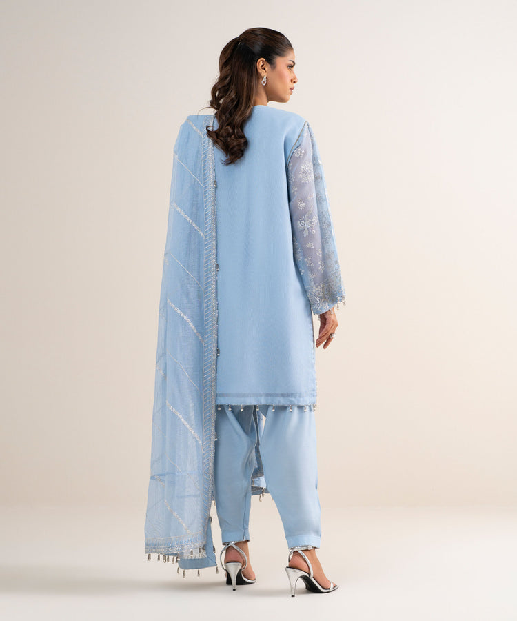 Blue Embroidered Khaddi Net Unstitched 3-Piece Suit