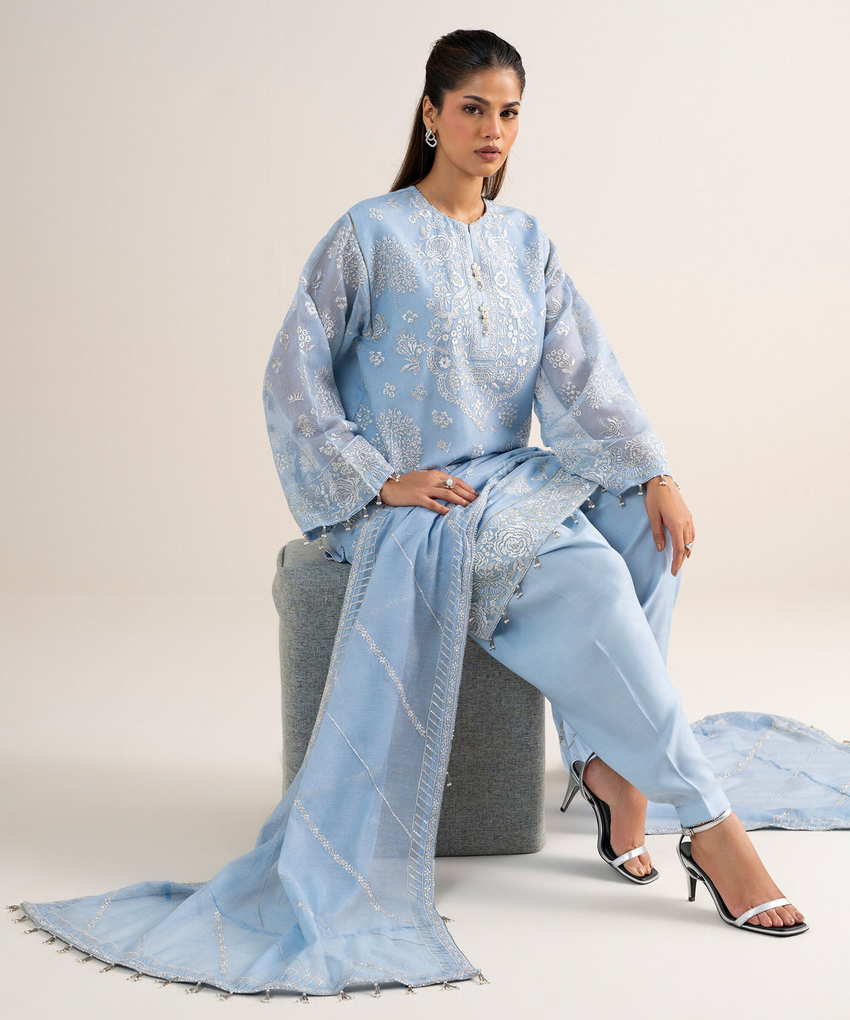 Blue Embroidered Khaddi Net Unstitched 3-Piece Suit