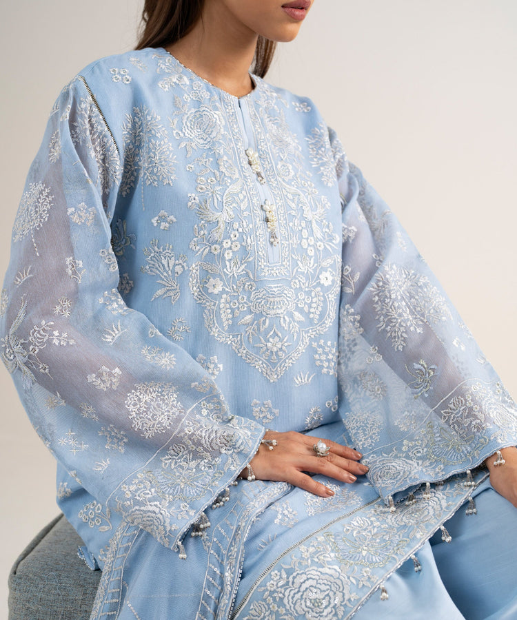Blue Embroidered Khaddi Net Unstitched 3-Piece Suit